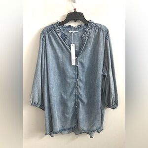 Boho Denim Shirt 3X Chambray Ruffle Button Up Peasant Cottagecore Romantic